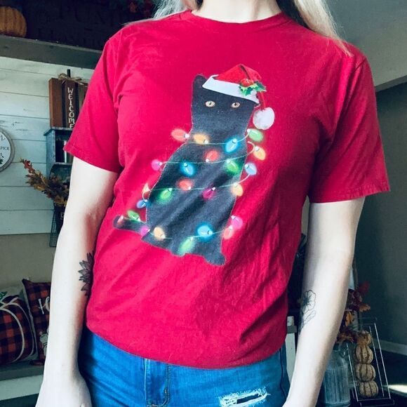 Ugly Christmas Kitty Cat Festive Holiday T Shirt - Picture 1 of 6